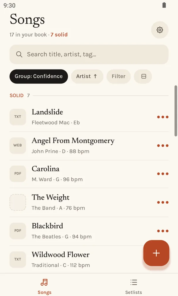 The library, grouped by confidence, with seven songs marked solid.