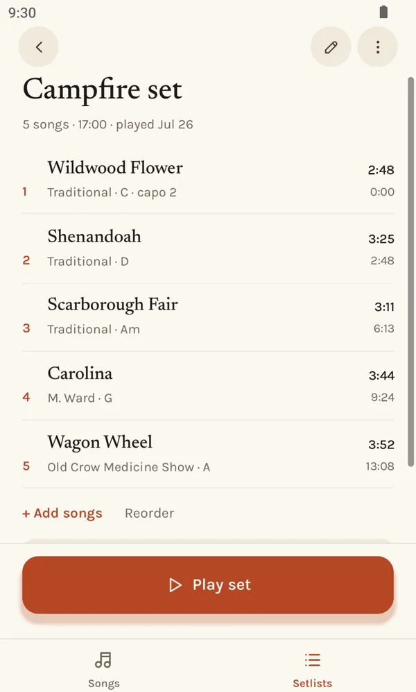 A setlist with positions, cumulative start times and a running total.