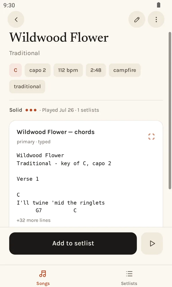 A song's detail screen, its charts listed and its optional fields folded away.
